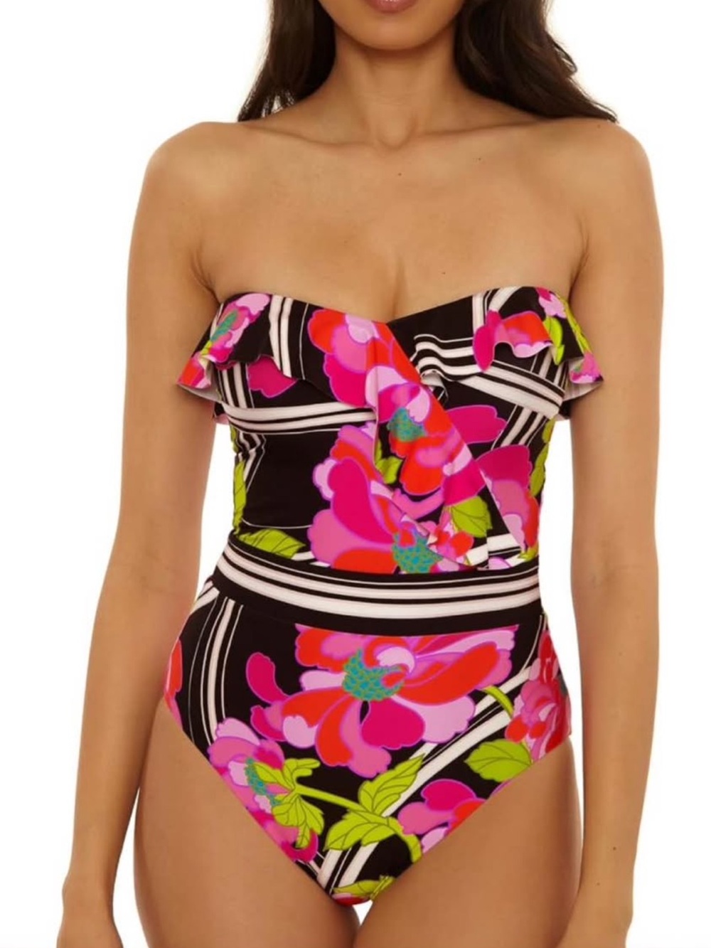 Trina Turk Women's Bougainvillea Ruffle Bandeau One Piece Swimsuit, 12